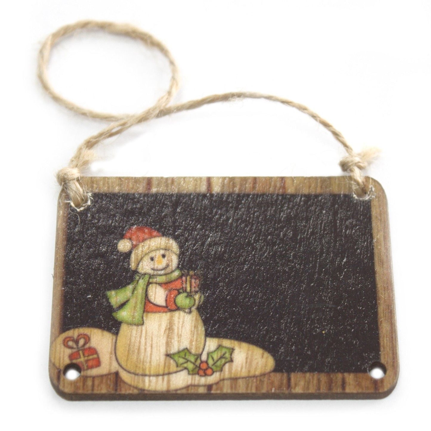 Alt Tag: Charming MDF Snowman Crafts – 7x7 CM Duo rustic hanging MDF snowman plaque with gift and holly, jute string