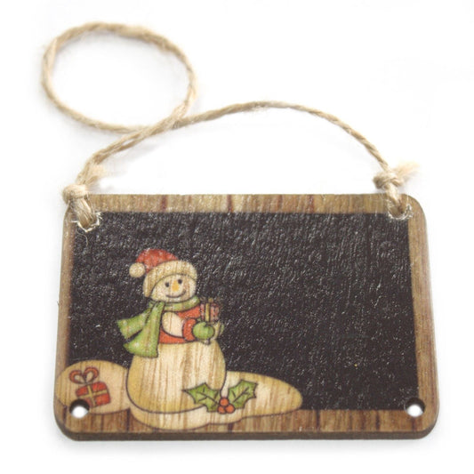 Alt Tag: Charming MDF Snowman Crafts – 7x7 CM Duo rustic hanging MDF snowman plaque with gift and holly, jute string