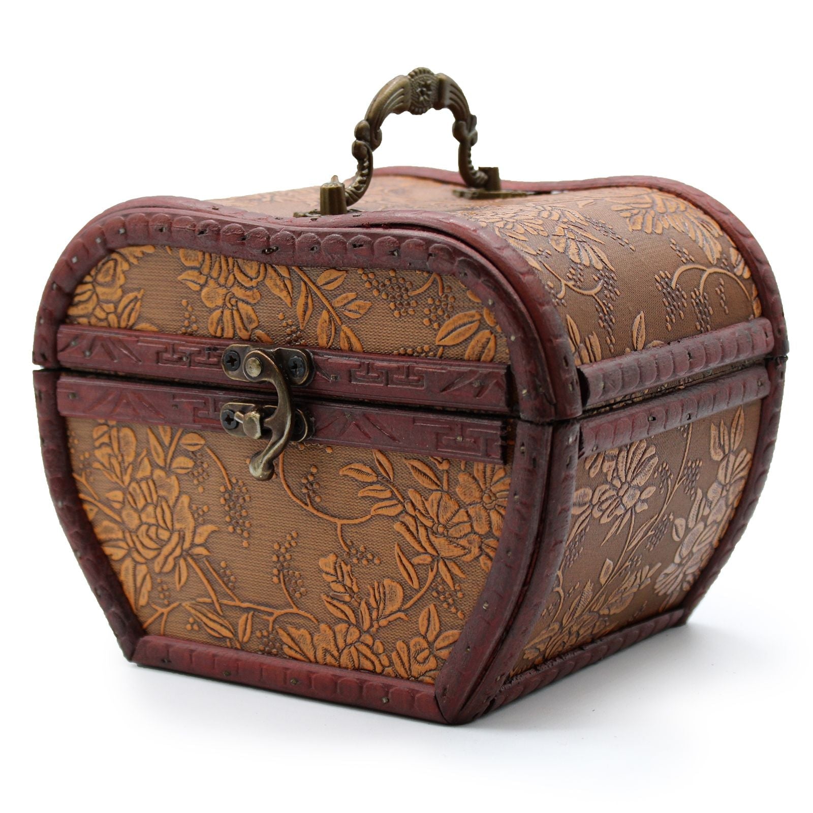 Alt Tag: MDF Vintage Style Box – 12x11x16 CM, vintage floral trunk box with brass latch and leather handle, compact tabletop decor
