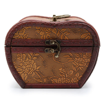 Alt Tag: MDF Vintage Style Box – 12x11x16 CM heart-shaped vintage MDF box with floral embossing, brass latch and leather handle