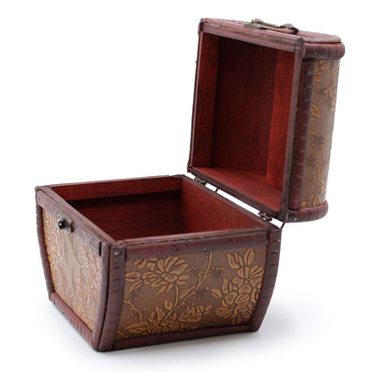 MDF Vintage Style Box – 12x11x16 CM caja vintage de MDF con herrajes de latón, asas de cuero y tapa abatible abierta