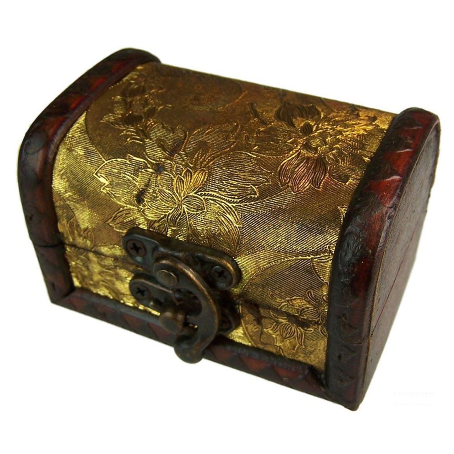 MDF Vintage Style Box – Gold Panel with embossed floral gold panel, arched lid, and metal clasp, colonial-inspired decor box