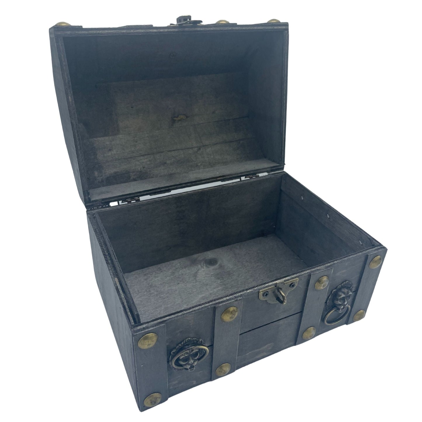 Alt Tag: MDF Vintage Style Box – Large Grey 21x16x16 CM open vintage MDF and metal storage chest with brass studs and handle