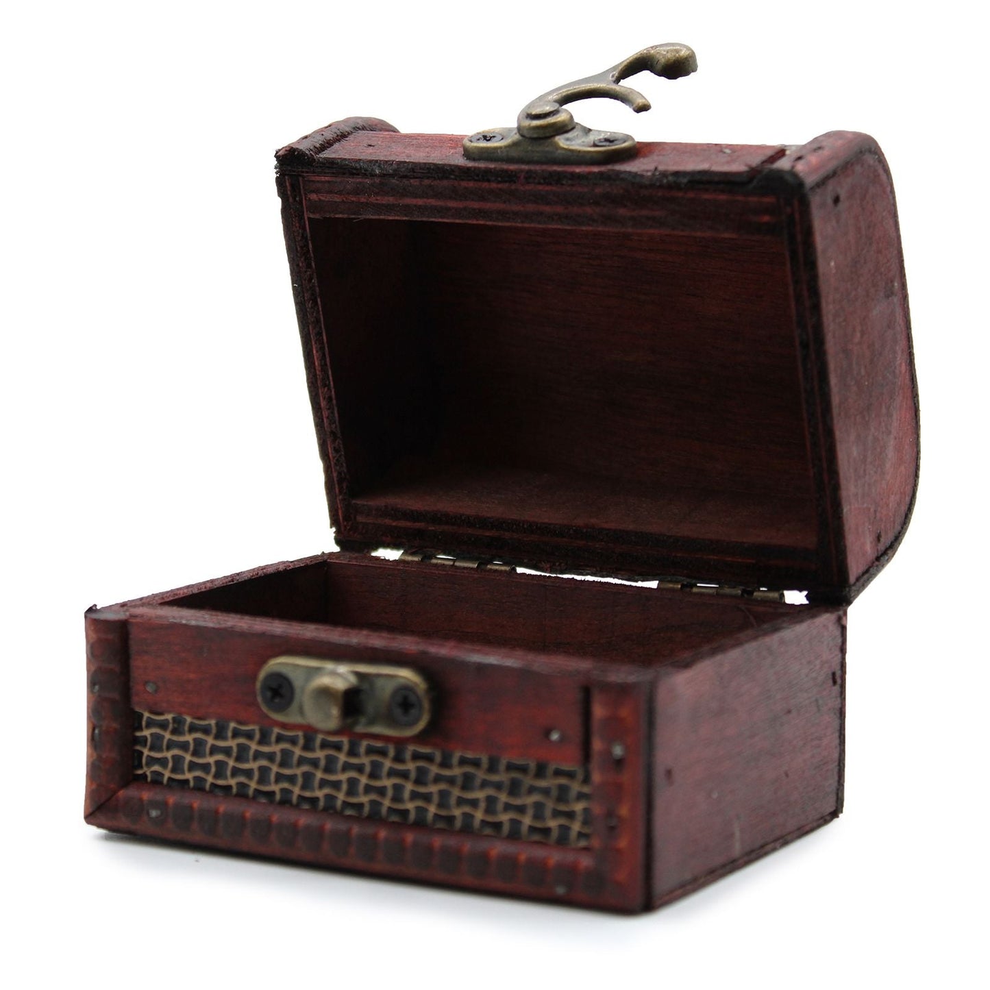 MDF Vintage Style Boxes – Medium 5.5x6x9 CM caja de MDF estilo vintage abierta, acabado madera oscura con detalle de malla y cierre metálico