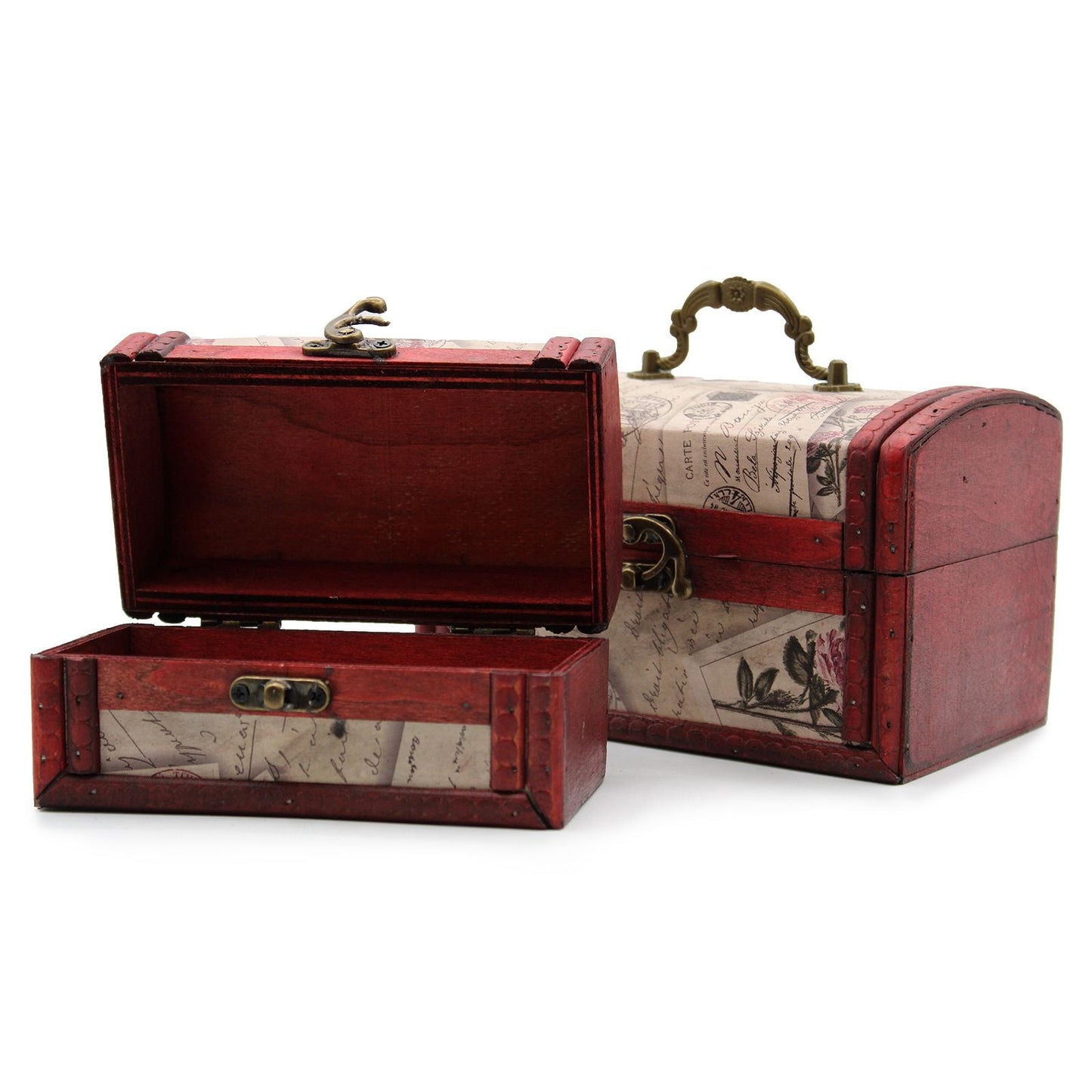 MDF-Boxen im Vintage-Stil – Rose Design, Set mit 2 Stück, rote Vintage-Boxen mit Rosenprint, eine offen und eine geschlossen
