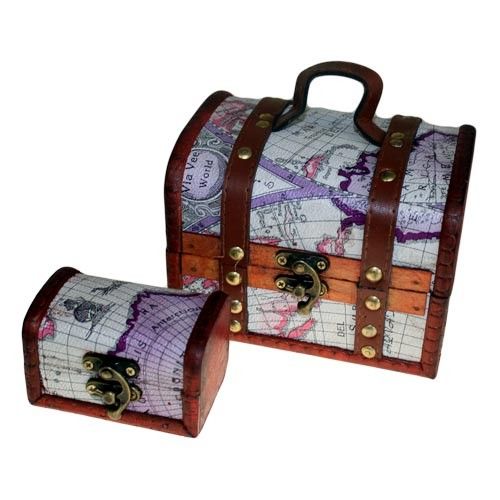 Alt Tag: MDF Vintage Style Boxes – Set of 2, colonial-style MDF storage boxes with map print, metal latch and handle