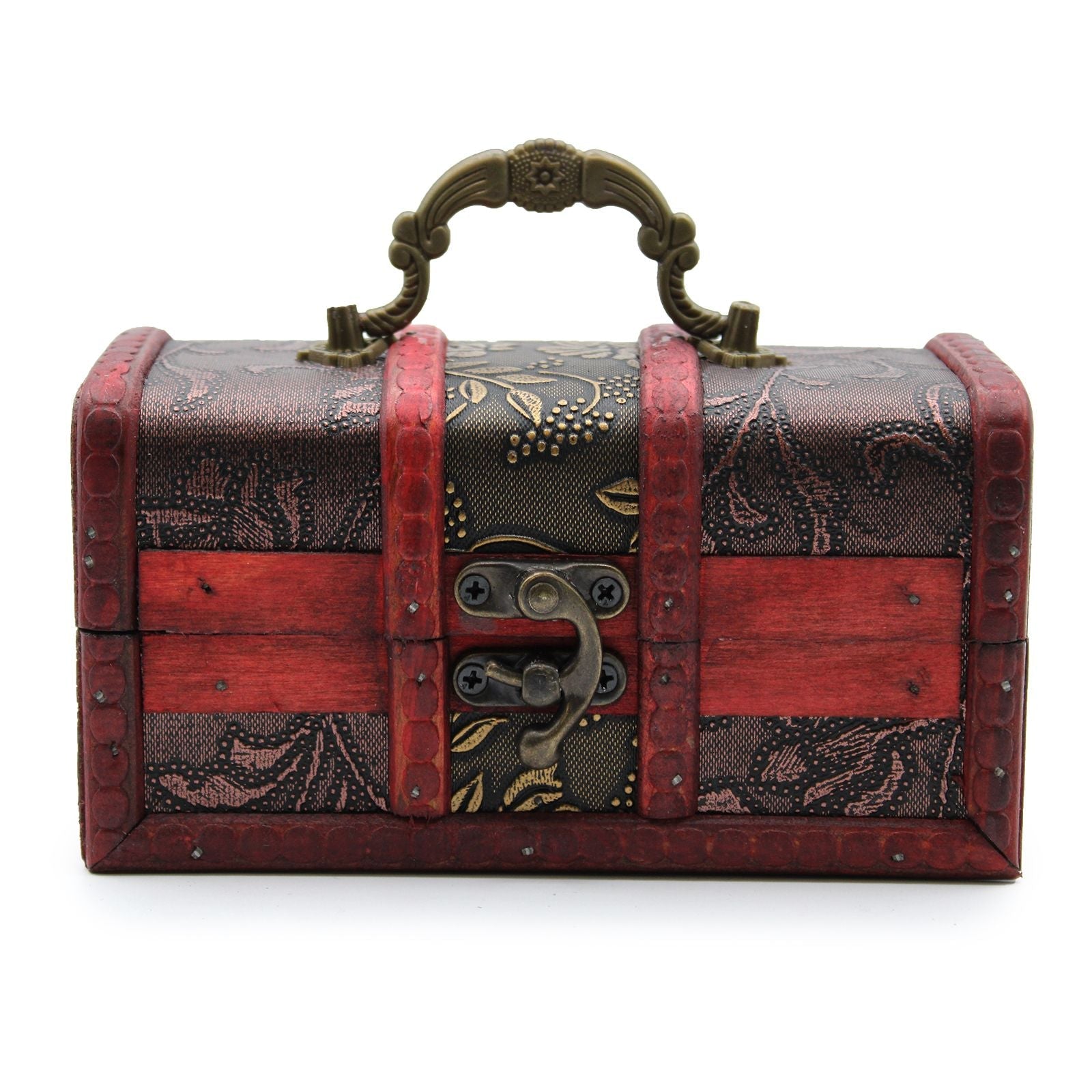Alt Tag: MDF Vintage Style Box – Large Gold Panel large decorative storage box with vintage design, red and black panels, metal handle and latch