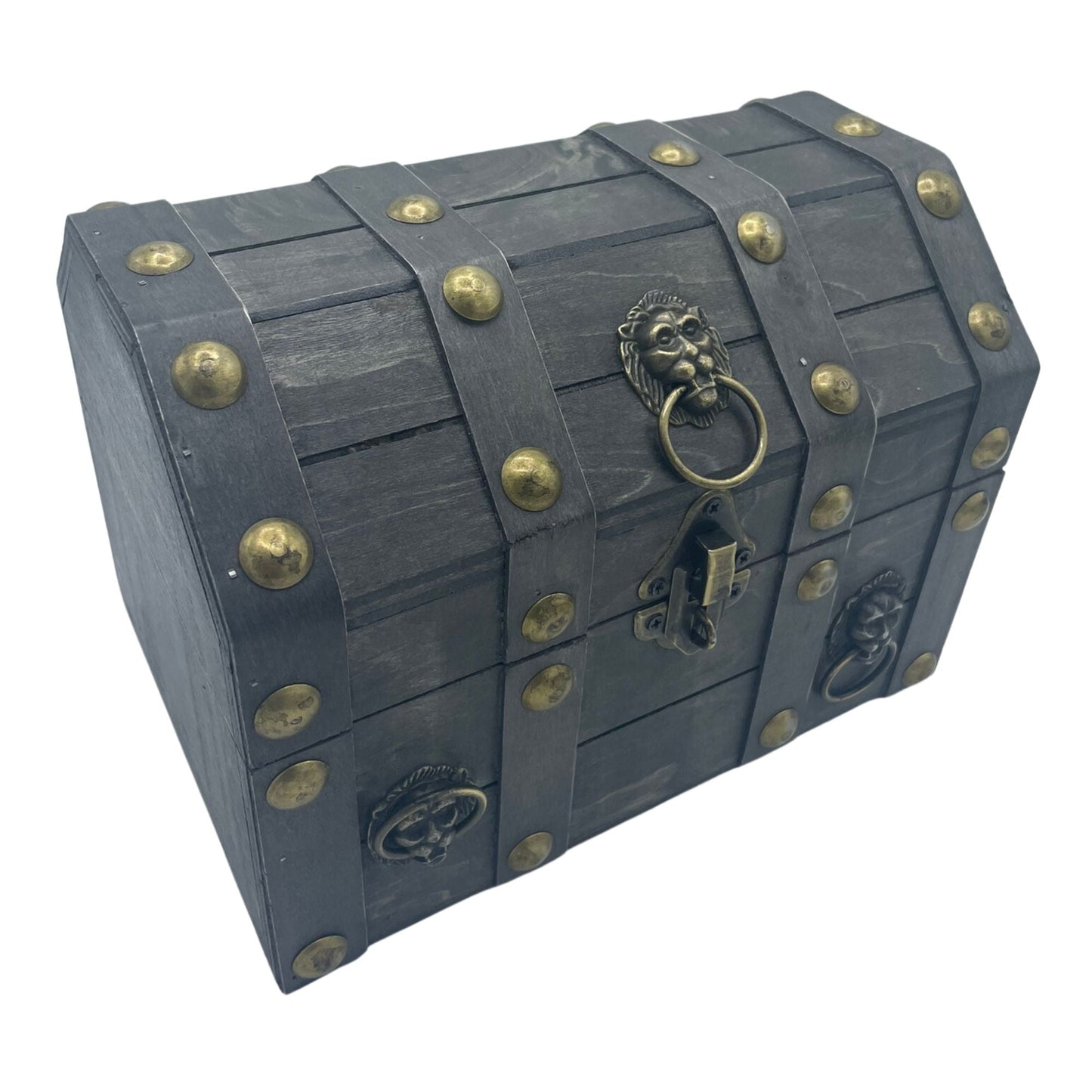 Alt Tag: MDF Vintage Style Box – Large Grey 21x16x16 CM vintage MDF treasure chest with metal straps, brass studs and lion ring latch