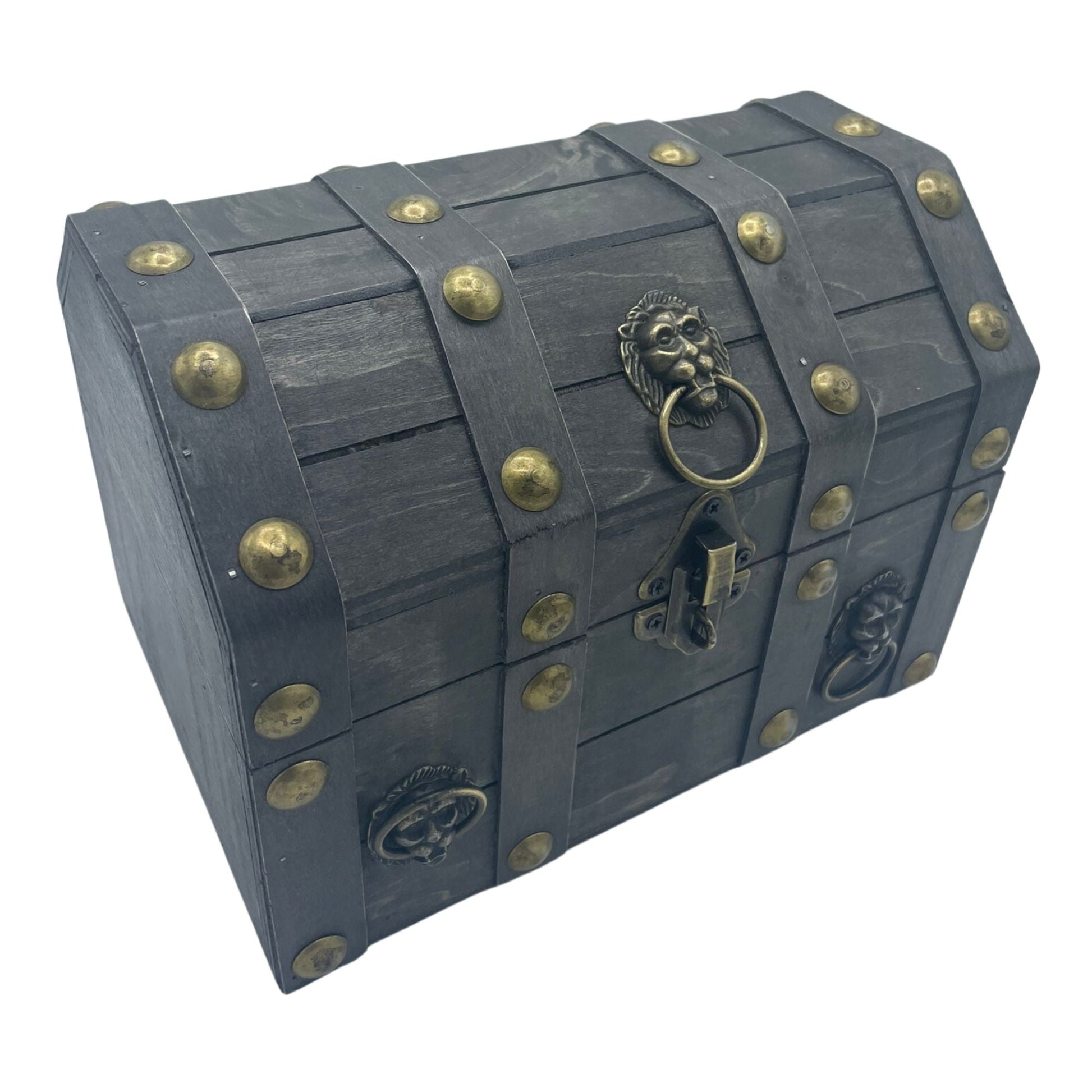Alt Tag: MDF Vintage Style Box – Large Grey 21x16x16 CM vintage MDF treasure chest with metal straps, brass studs and lion ring latch