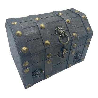 Alt Tag: MDF Vintage Style Box – Large Grey 21x16x16 CM vintage MDF treasure chest with metal straps, brass studs and lion ring latch