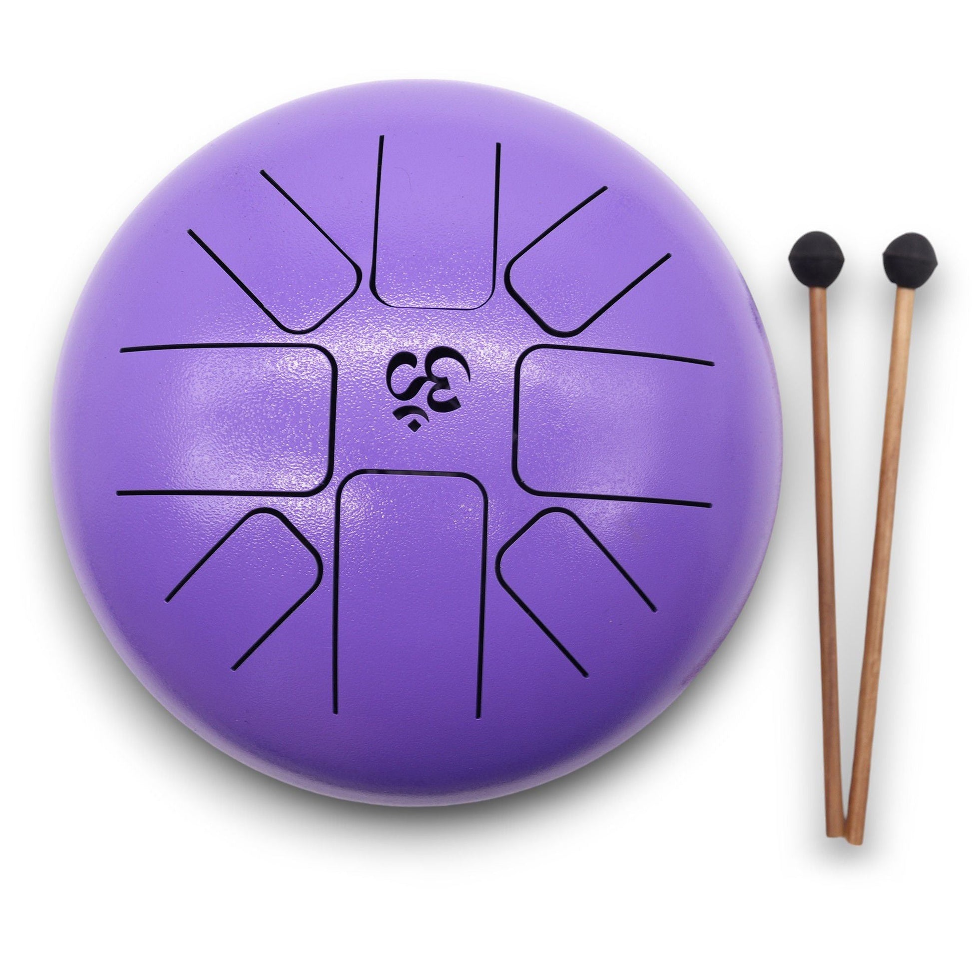 Alt Tag: Med Steel Tongue Happy Drum – Om Violet – 22 × 16 CM steel tongue drum i violett med Om-symbol och 2 klubbor