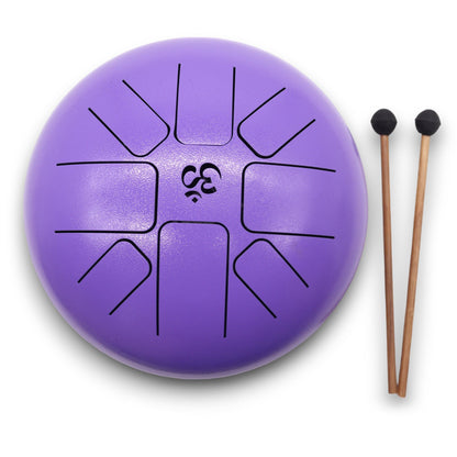 Alt Tag: Med Steel Tongue Happy Drum – Om Violet – 22 × 16 CM steel tongue drum i violett med Om-symbol och 2 klubbor