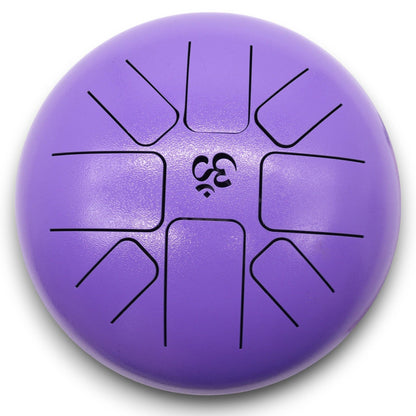 Alt Tag: Med Steel Tongue Happy Drum – Om Violet – 22 × 16 CM steel tongue drum i violett med Om-symbol, vy uppifrån