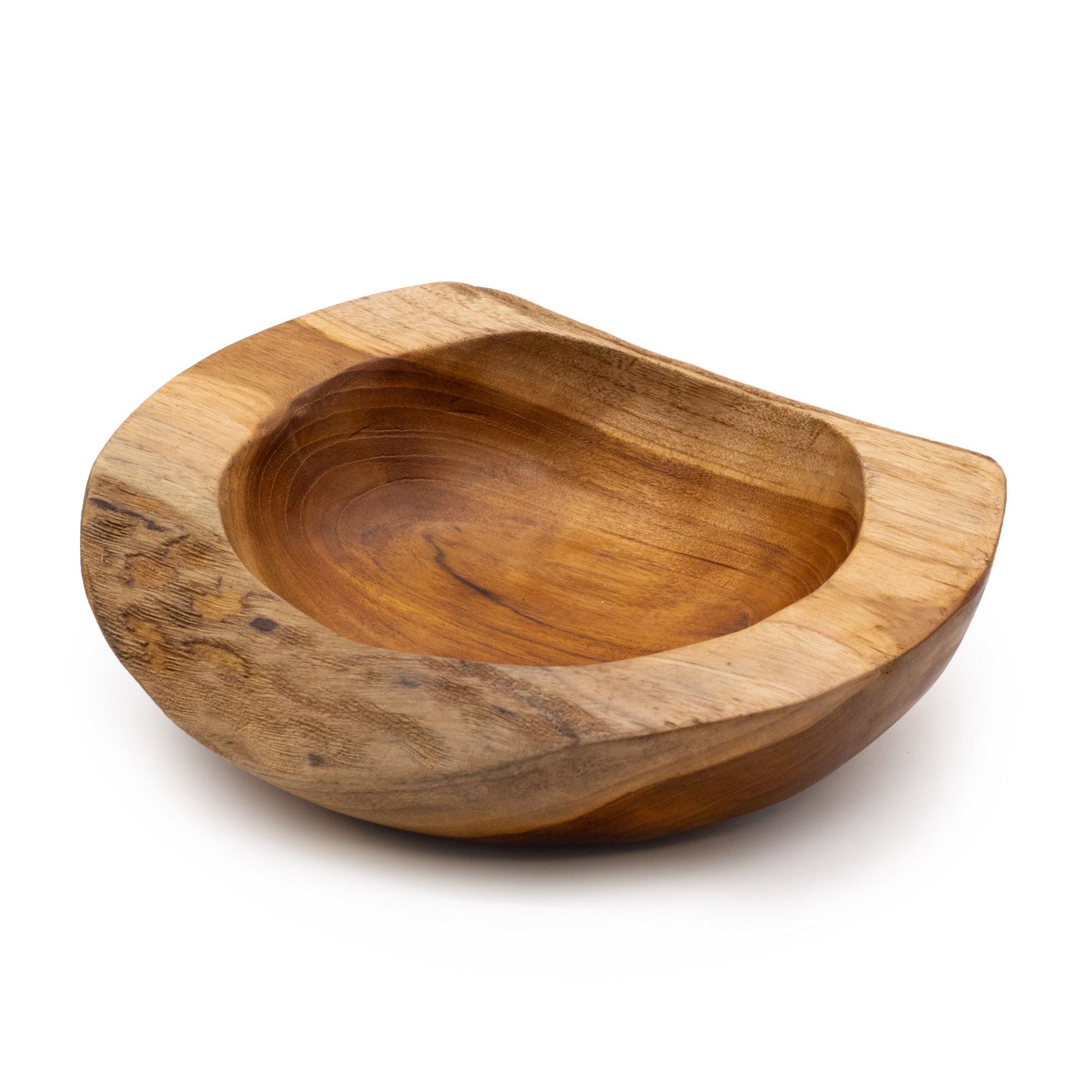 Alt Tag: Medium Natural Shape Teakwood Bowl – 20 × 7 CM, handcrafted solid teakwood freeform bowl with natural grain and warm golden tones