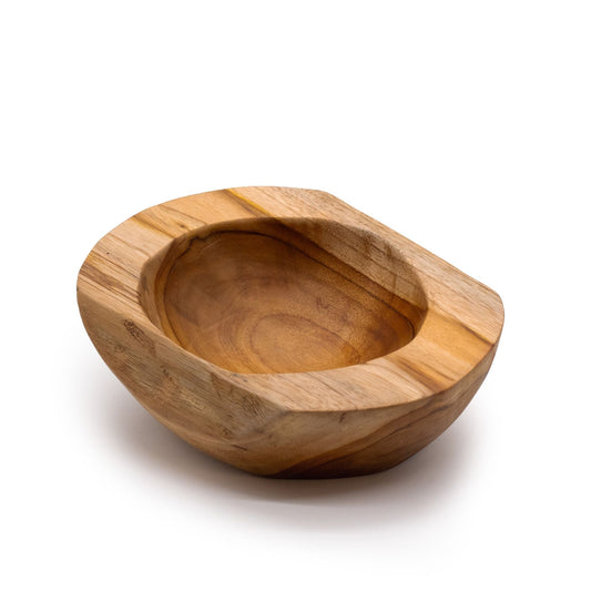 Alt Tag: Medium Natural Shape Teakwood Bowl – 20 × 7 CM handcrafted solid teakwood freeform bowl with natural grain on white background