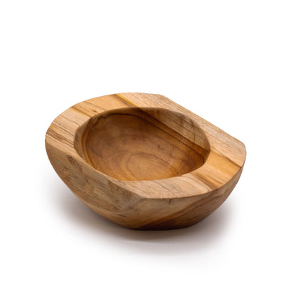 Medium Natural Shape Teakwood Bowl – 20 × 7 CM, handmade freeform solid teak bowl with natural grain, photographed on white background