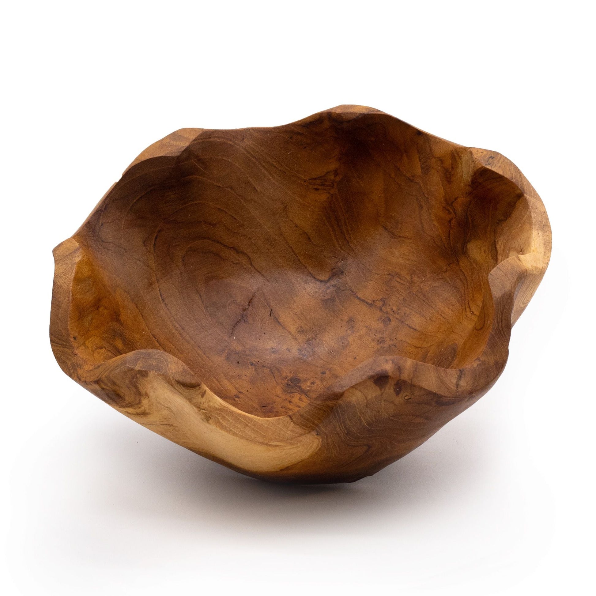 Alt Tag: Medium Smooth Teakwood Fruit Bowl – 21 × 9 CM, cuenco de fruta de teca pulida con vetas naturales y borde orgánico