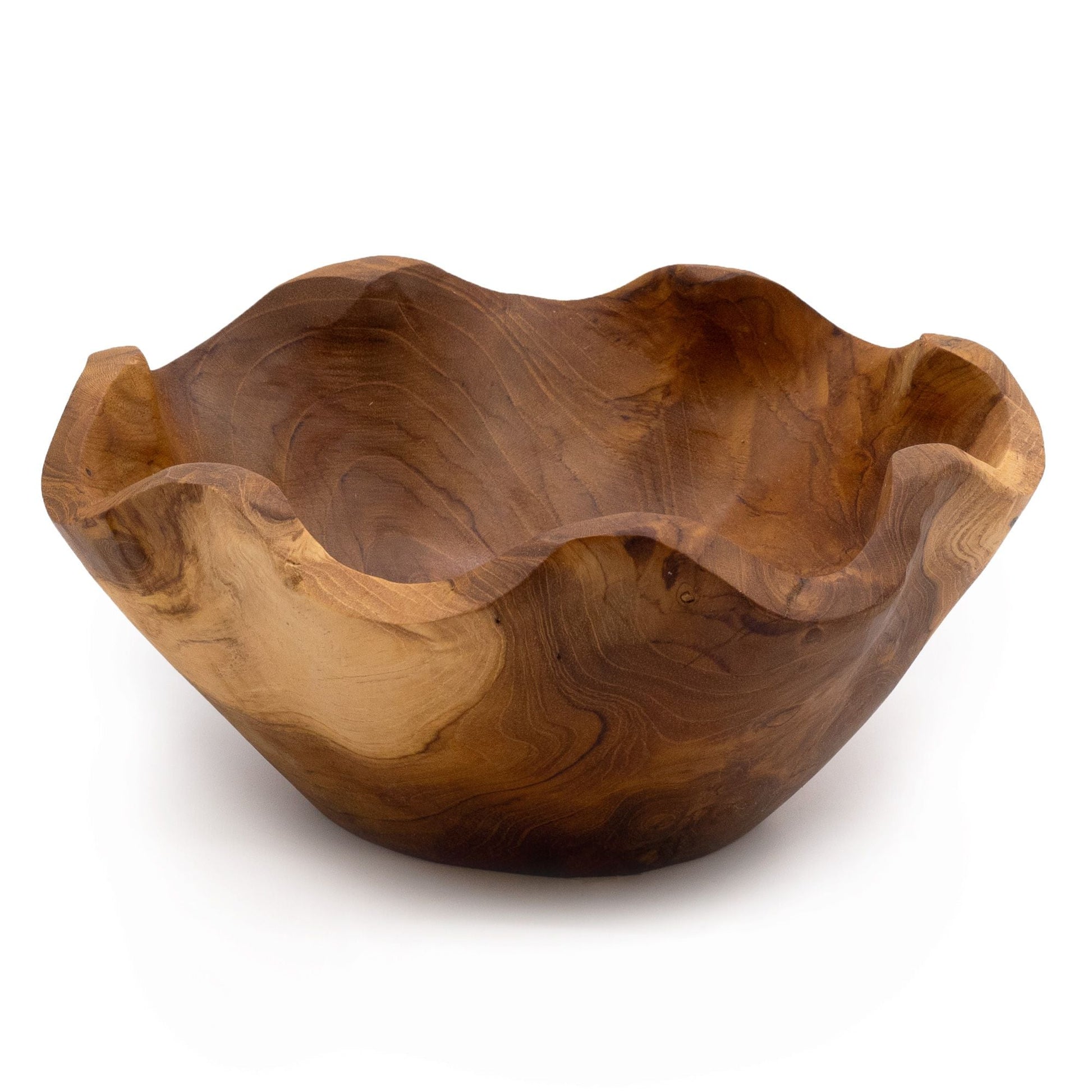 Medium Smooth Teakwood Fruit Bowl – 21 × 9 CM de teca pulida, cuenco artesanal con borde ondulado y vetas naturales, vista frontal