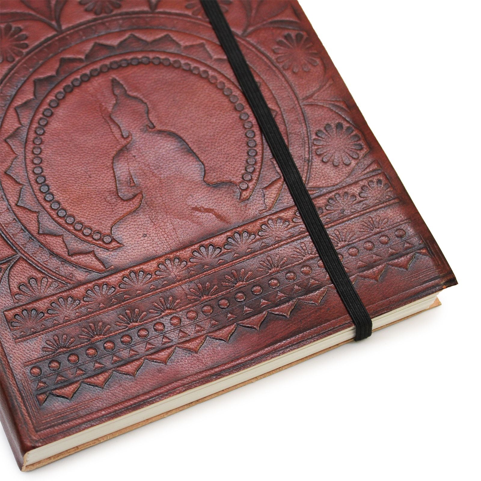 Vegetable Tanned Leather Notebook – Medium, Tibetan Mandala with embossed mandala cover, brown leather journal and black elastic band