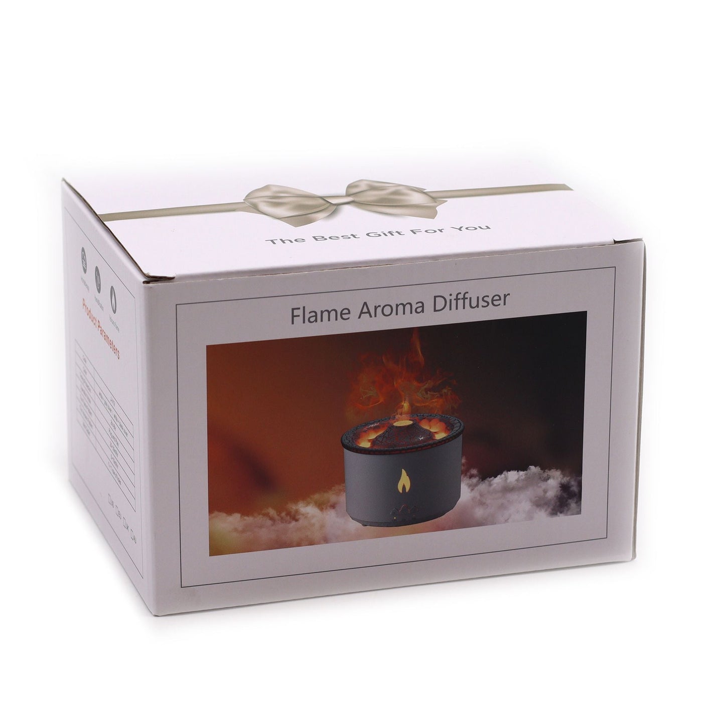 Alt-tag: Medium Volcano Effect Aroma Diffuser (Plug) – produktförpackning i två färger med bild av aromadiffuser med flame-effekt