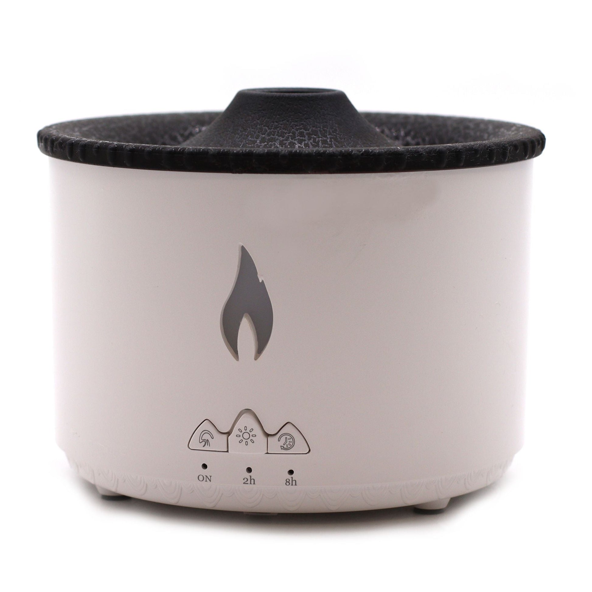 Alt Tag: Medelstor Volcano Effect-aromadiffuser (kontakt) – Två färger i vitt med svart lock, framifrån med kontrollikoner