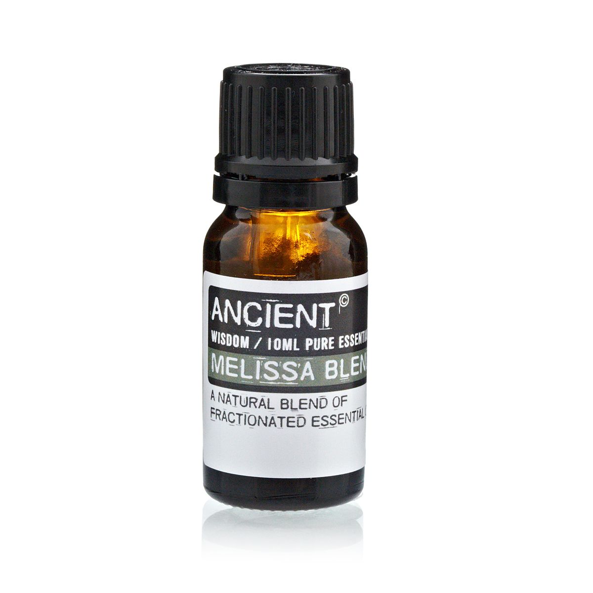 Ätherisches Öl Melissa Blend – 10-ml-Braunglasflasche mit schwarzem Verschluss, Ancient Wisdom Etikett, ätherisches Öl Melissa Blend