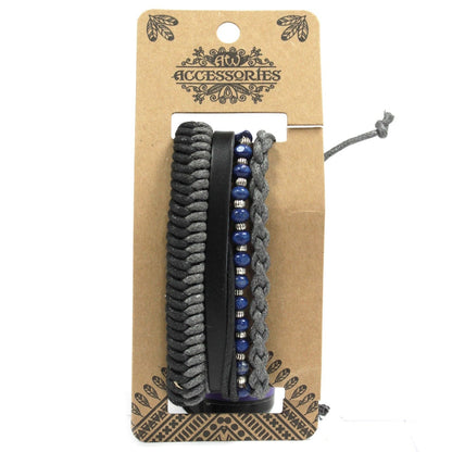 Alt Tag: Men’s Bracelet Set – Black & Macho (Assorted), set de pulseras para hombre negras con cuentas, cordón trenzado y banda lisa
