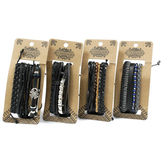 Men’s Bracelet Set – Black & Macho (Assorted) black bracelet packs with braided cords, matte beads, lava stones and metal accents on display cards