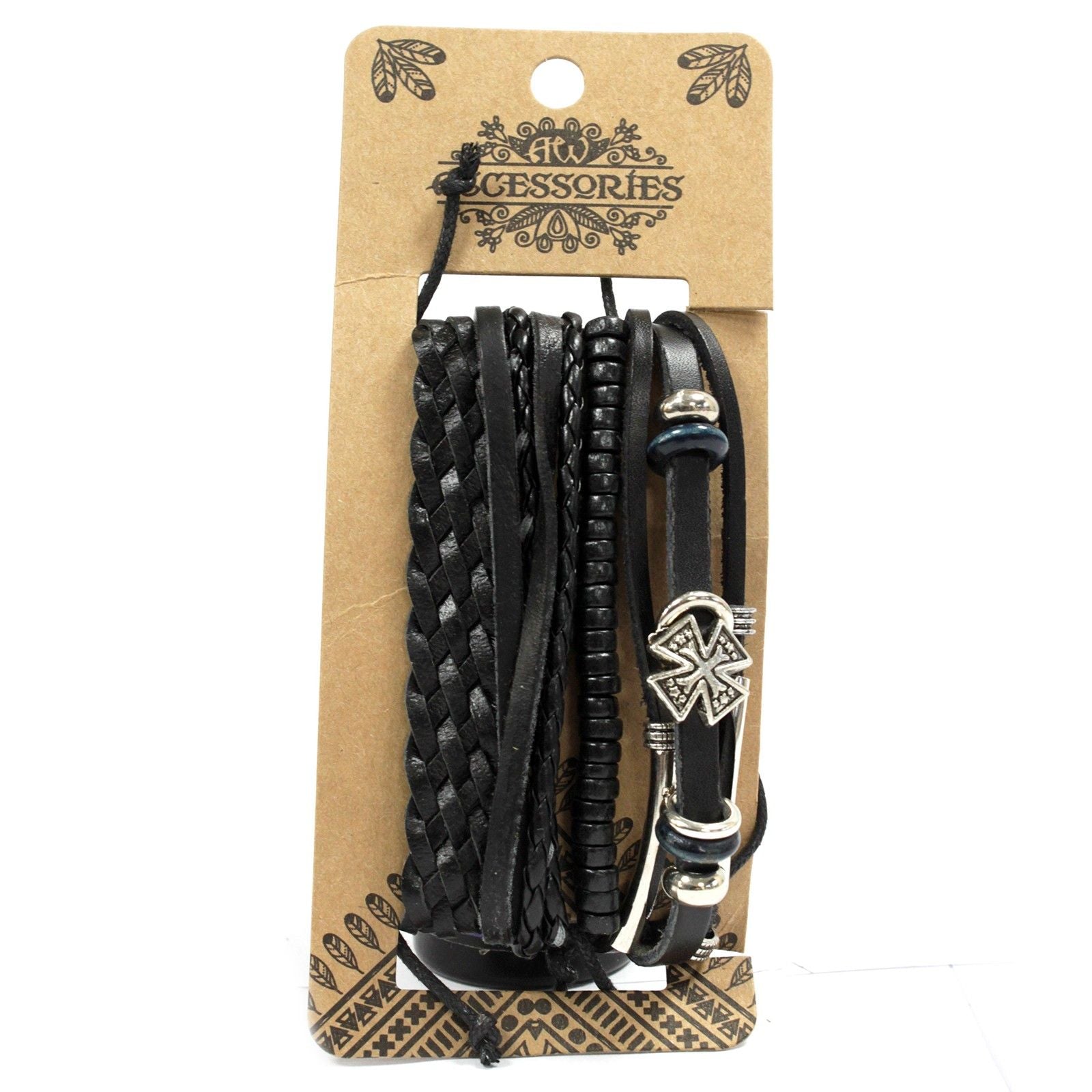 Men’s Bracelet Set – Black & Macho (Assorted) black braided cord and bead bracelets with metal accents, stacked on accessory display card