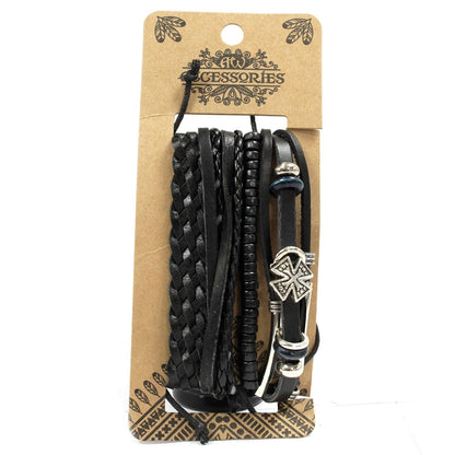 Men’s Bracelet Set – Black & Macho (Assorted) black braided cord and bead bracelets with metal accents, stacked on accessory display card