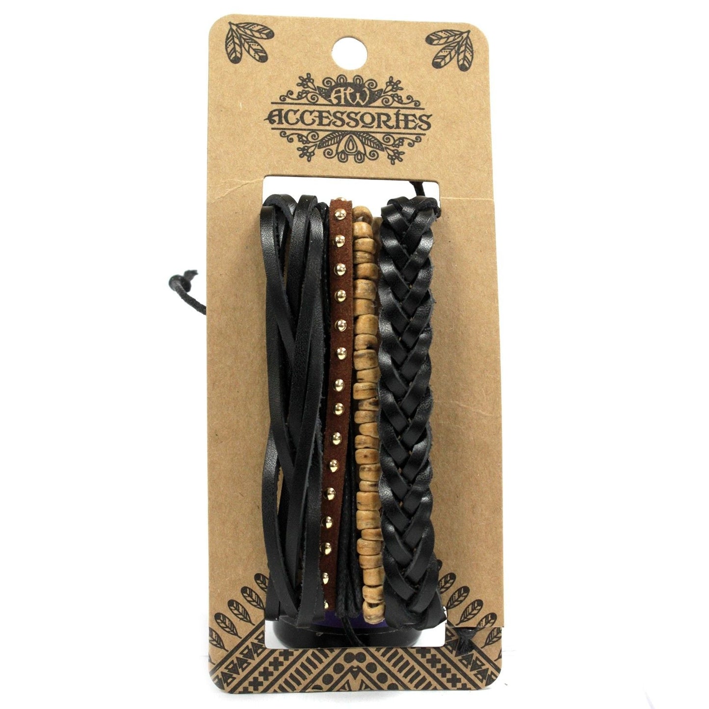 Men’s Bracelet Set – Black & Macho (Assorted) black braided leather and cord bracelets with metal studs on accessory card