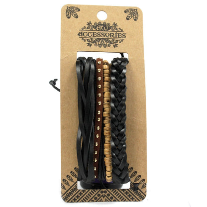 Men’s Bracelet Set – Black & Macho (Assorted) black braided leather and cord bracelets with metal studs on accessory card