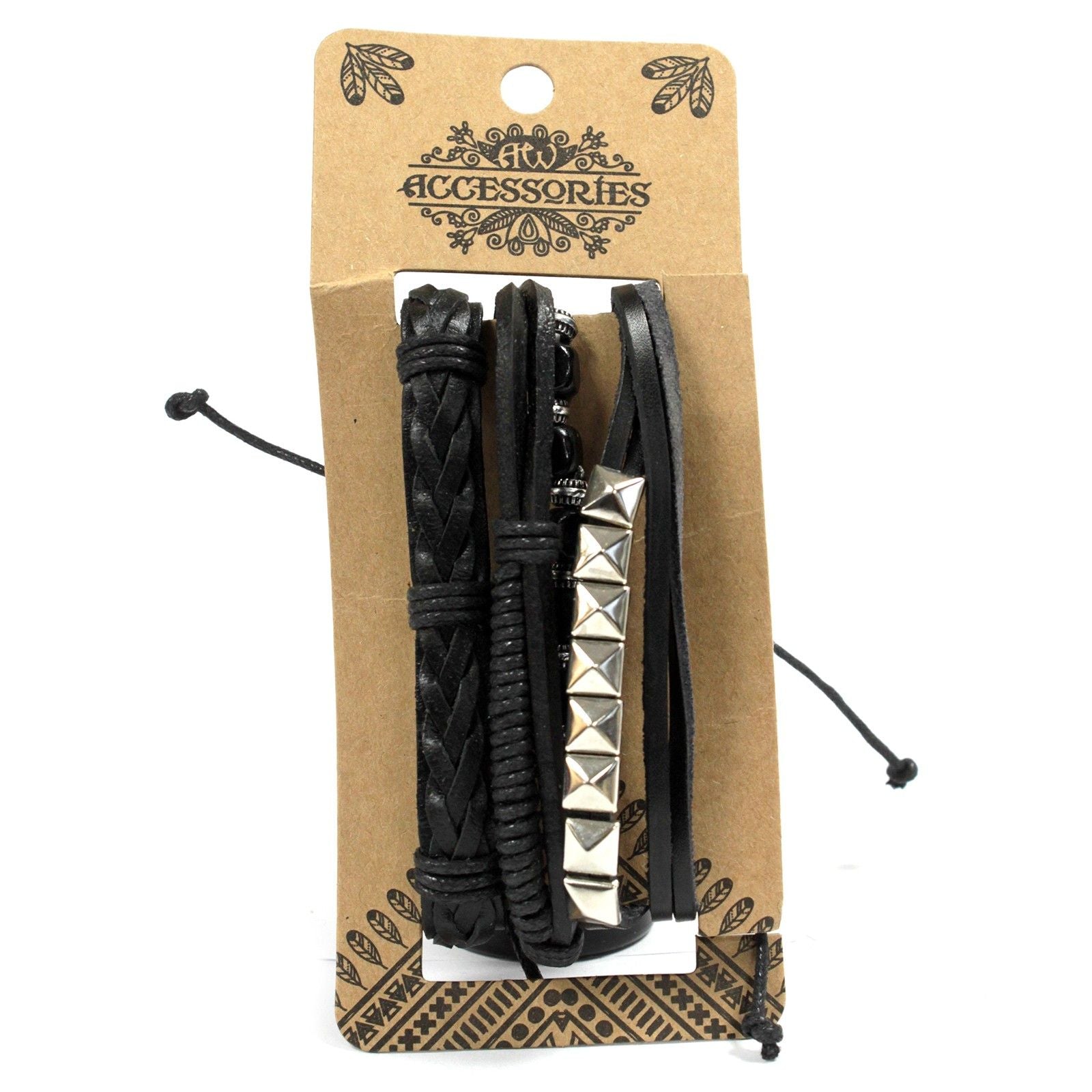 Men’s Bracelet Set – Black & Macho (Assorted) set de pulseras negras para hombre con cuero trenzado, cordón y tachuelas metálicas