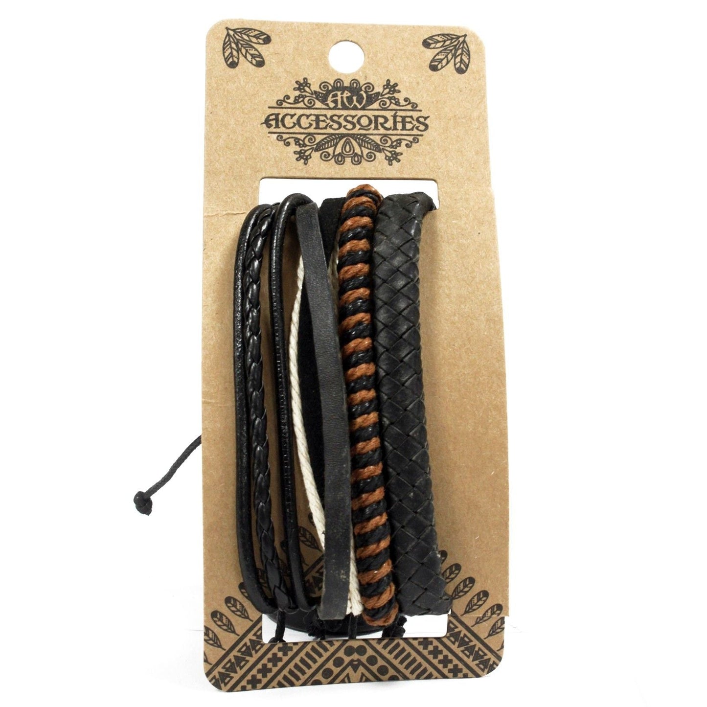 Men’s Bracelet Set – Dark & Handsome (Assorted) black braided leather and cord bracelets with dark brown accent on display card