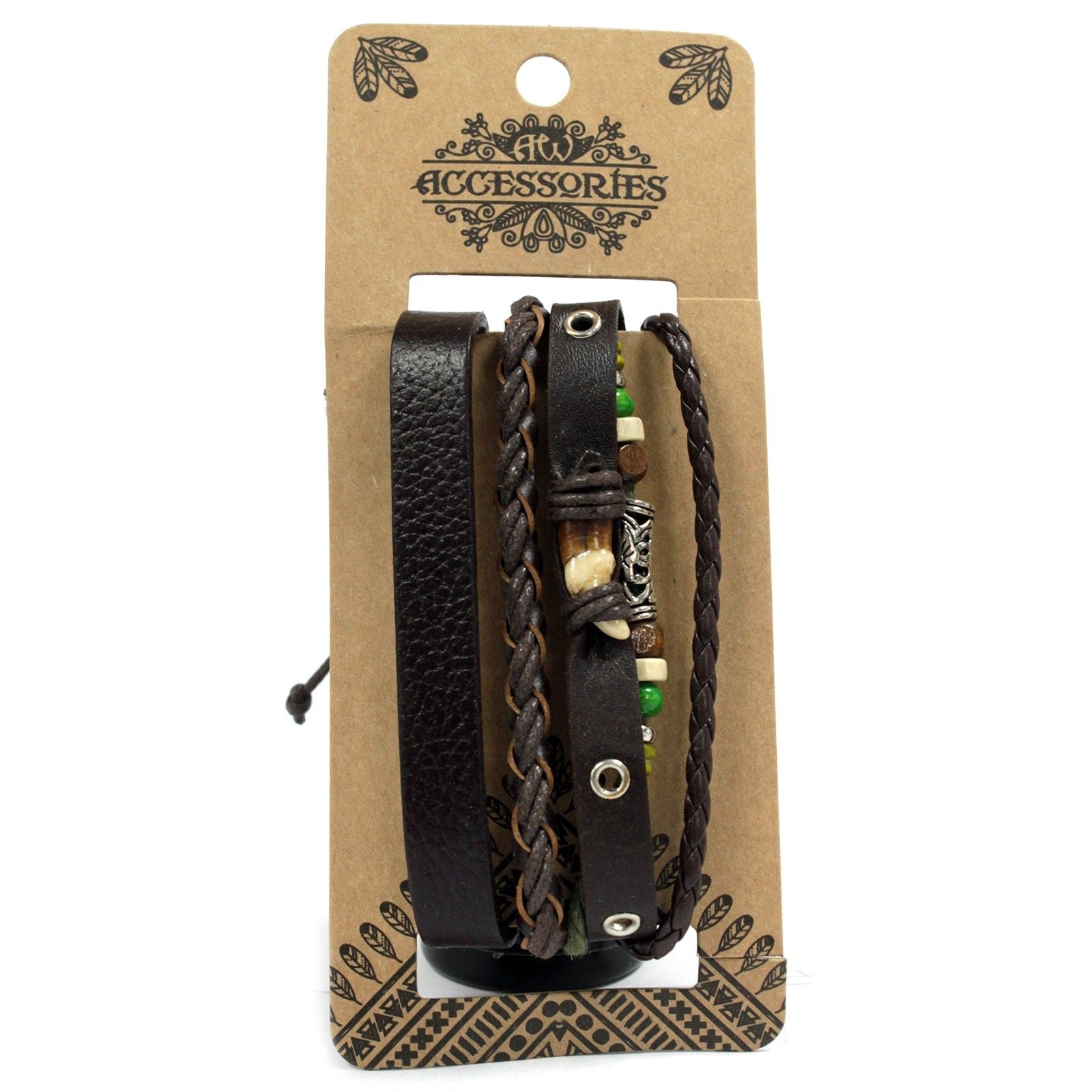Men’s Bracelet Set – Dark & Handsome (Assorted) black leather braided and beaded bracelets with metal accents on display card