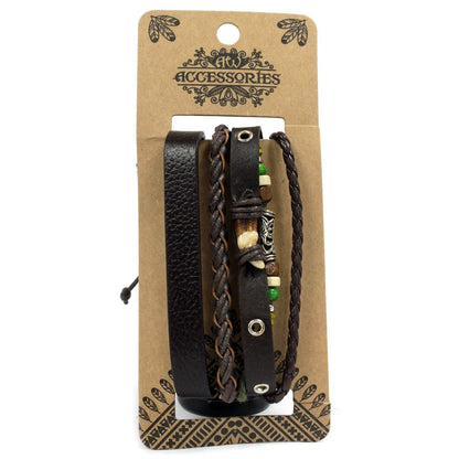 Men’s Bracelet Set – Dark & Handsome (Assorted) black leather braided and beaded bracelets with metal accents on display card