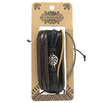 Men’s Bracelet Set – Dark & Handsome (Assorted) dark leather wrap bracelet set with metal tree charm on accessories card