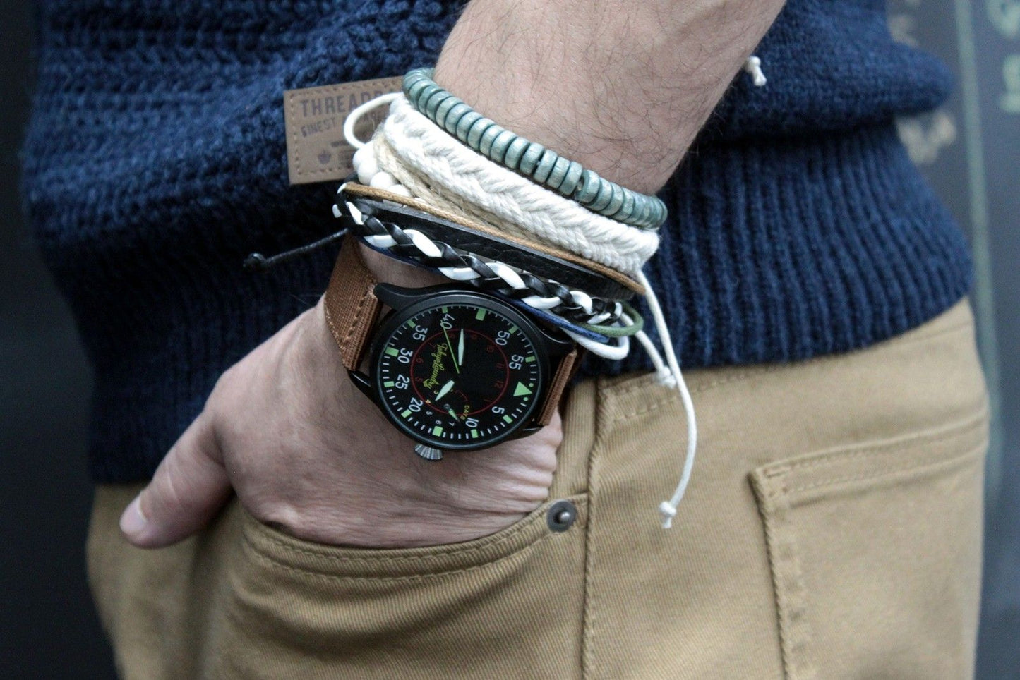 Men’s Bracelet Set – Dark & Handsome (Assorted) on wrist, assorted men's bracelets with dark cords, beads, and wrap styles