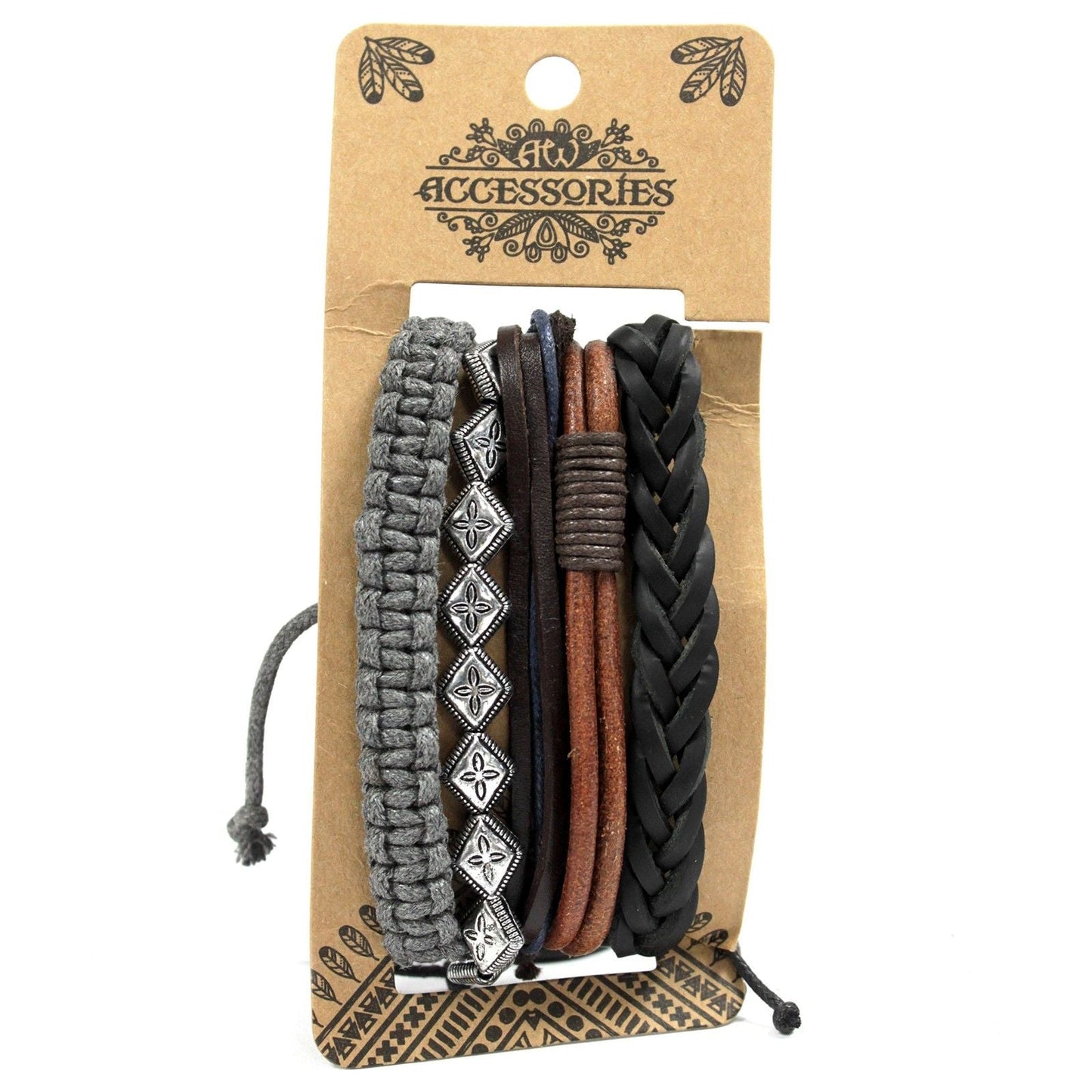 Alt Tag: Men’s Bracelet Set – Metal & Leather (Assorted) with braided leather, metal bead and cord bracelets on kraft display card