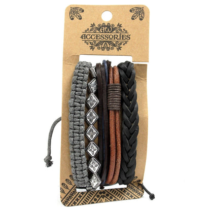 Alt Tag: Men’s Bracelet Set – Metal & Leather (Assorted) with braided leather, metal bead and cord bracelets on kraft display card