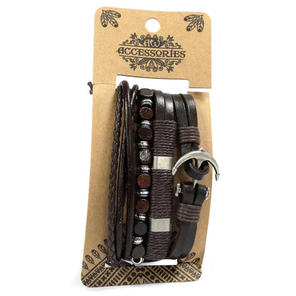 Men’s Bracelet Set – Metal & Leather (Assorted) brown leather and metal bracelet stack with beads and anchor clasp on display card