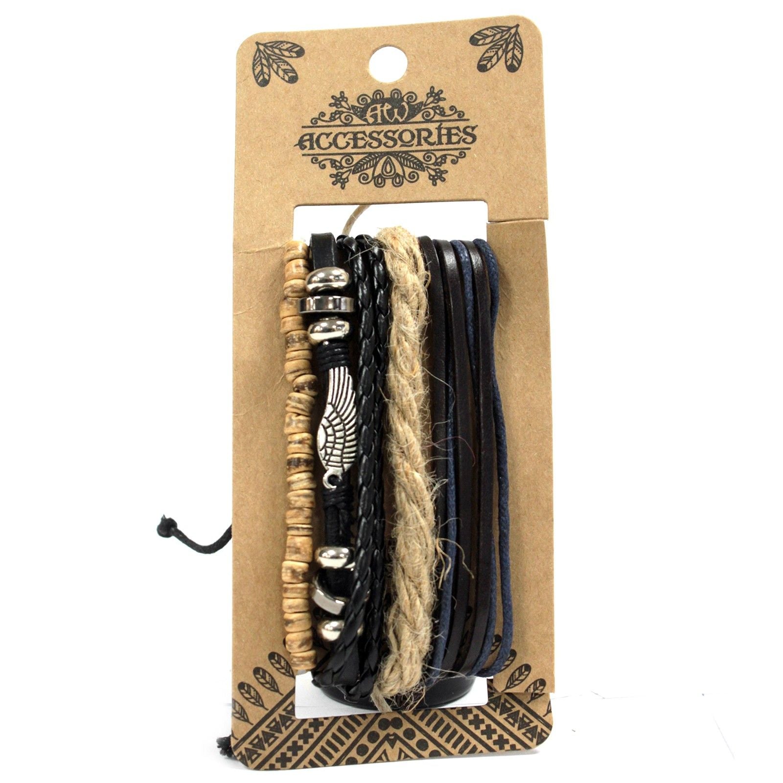 Men’s Bracelet Set – Metal & Leather (Assorted) with braided leather, rope wrap and metal accents on accessories display card