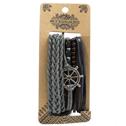 Alt Tag: Men’s Bracelet Set – Metal & Leather (Assorted) with braided gray cord, beaded bracelet and metal ship wheel charm