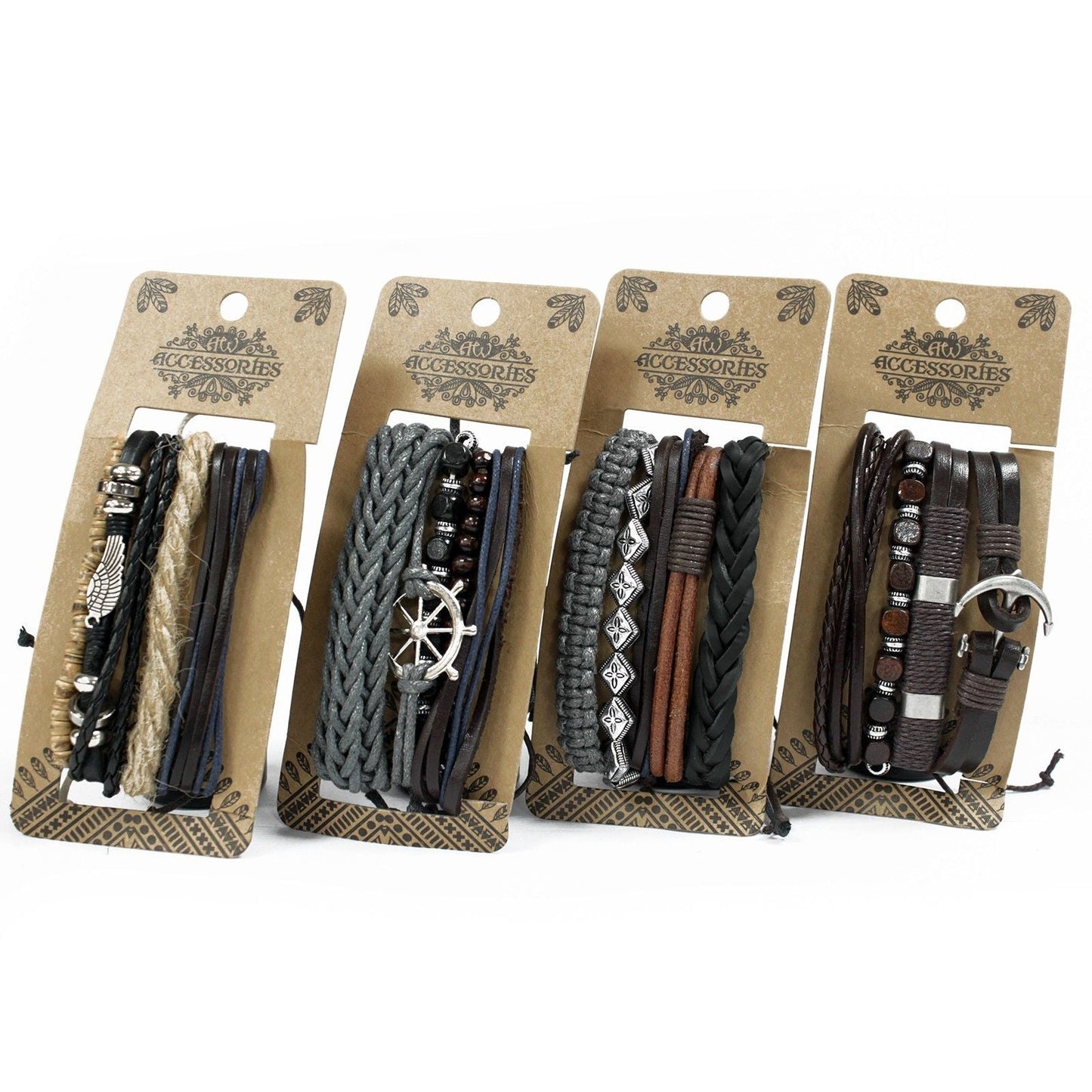 Men’s Bracelet Set – Metal & Leather (Assorted) packaged assortment with braided leather bands, beads, and metal accents in black and brown