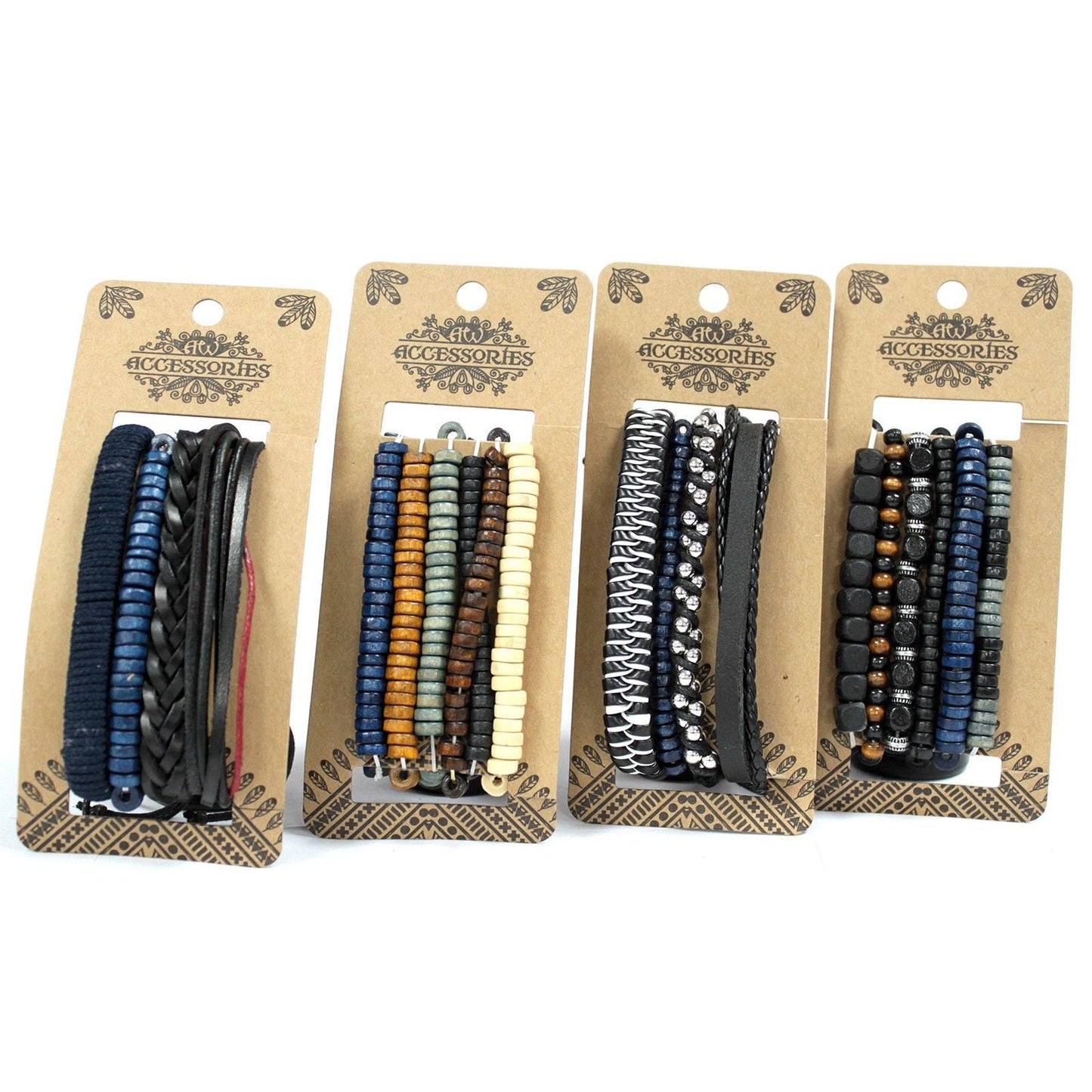 Men’s Bracelet Set – Moody & Blue (Assorted) navy bead, matte stone, braided cord, leather and metal accent bracelets on display cards