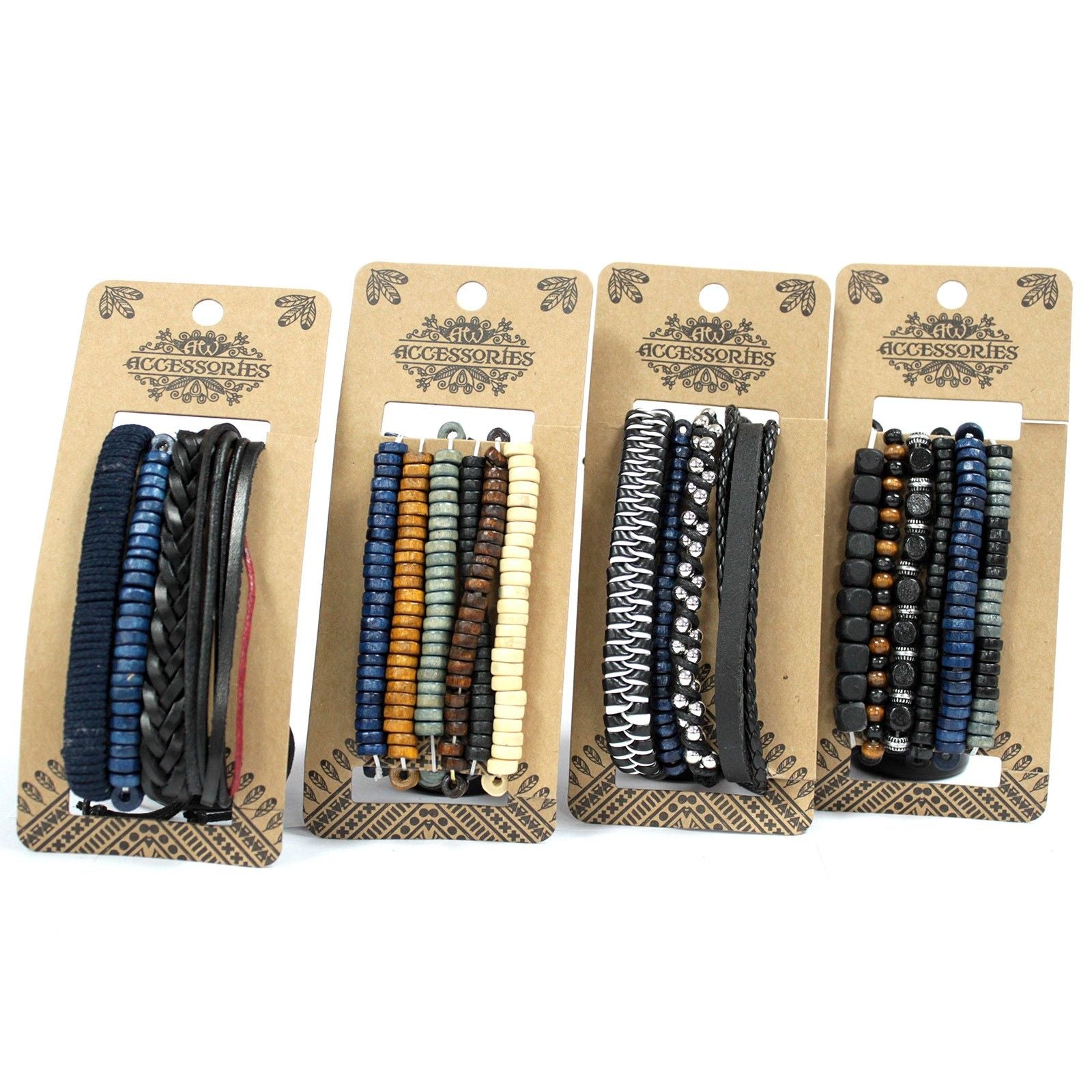 Men’s Bracelet Set – Moody & Blue (Assorted) navy bead, matte stone, braided cord, leather and metal accent bracelets on display cards