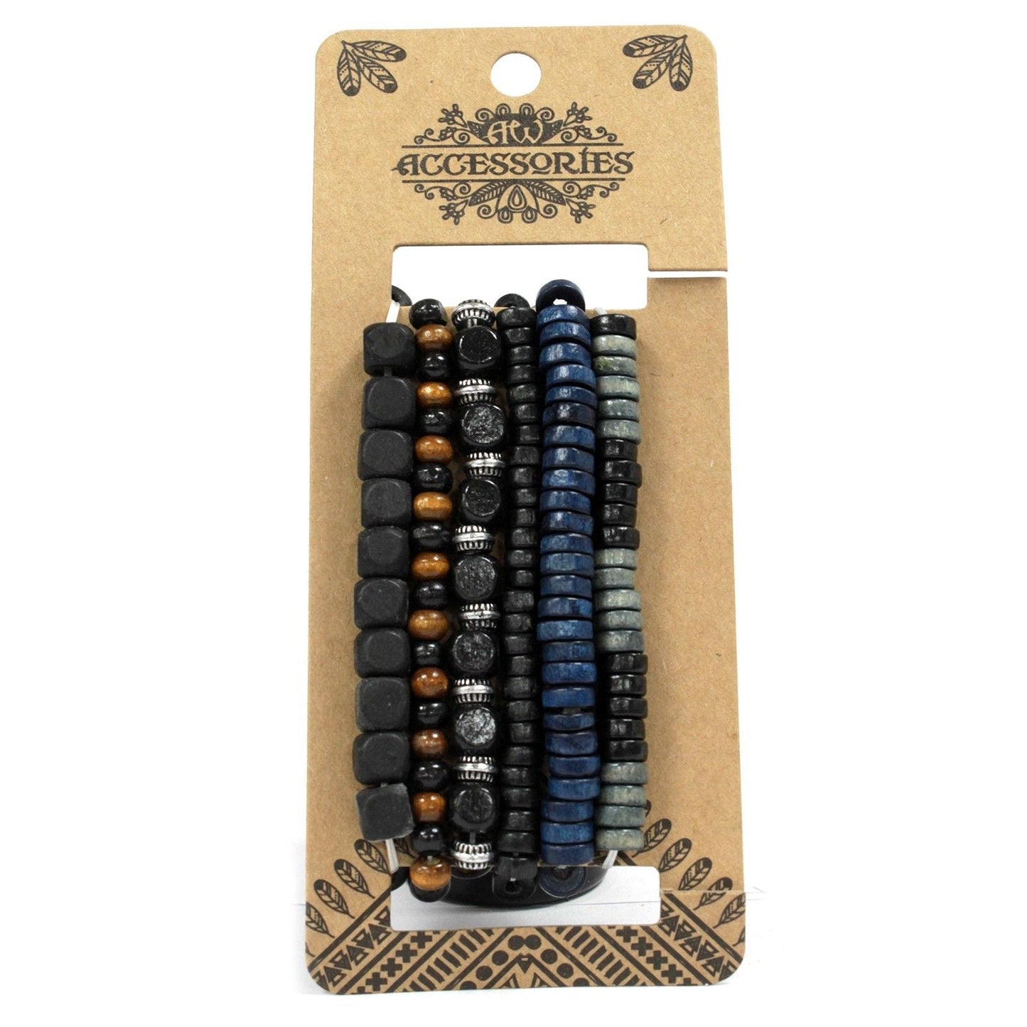 Alt Tag: Men’s Bracelet Set – Moody & Blue (Assorted) stacked beaded bracelets with navy stones, black beads, and metal accents on display card