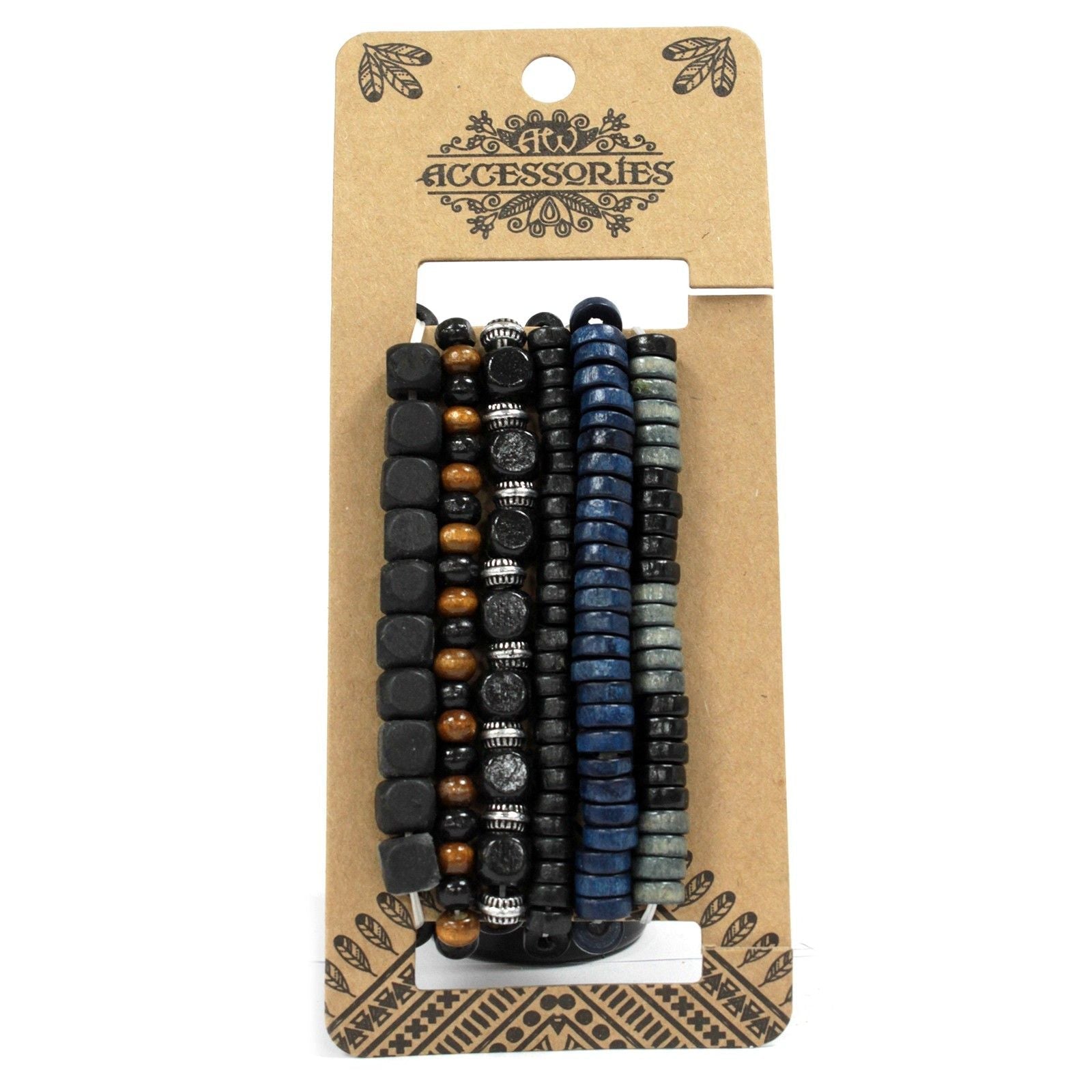 Alt Tag: Men’s Bracelet Set – Moody & Blue (Assorted) stacked beaded bracelets with navy stones, black beads, and metal accents on display card