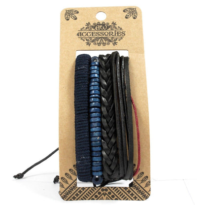 Alt Tag: Men’s Bracelet Set – Moody & Blue (Assorted) navy bead and black braided leather bracelets with metal accents on display card