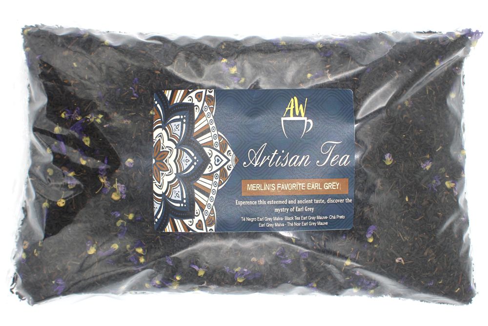 Alt Tag: Merlin's Artisan Earl Grey Tea – 1KG bolsa grande de té negro a granel con mezcla Earl Grey, mallow y esencia aromática